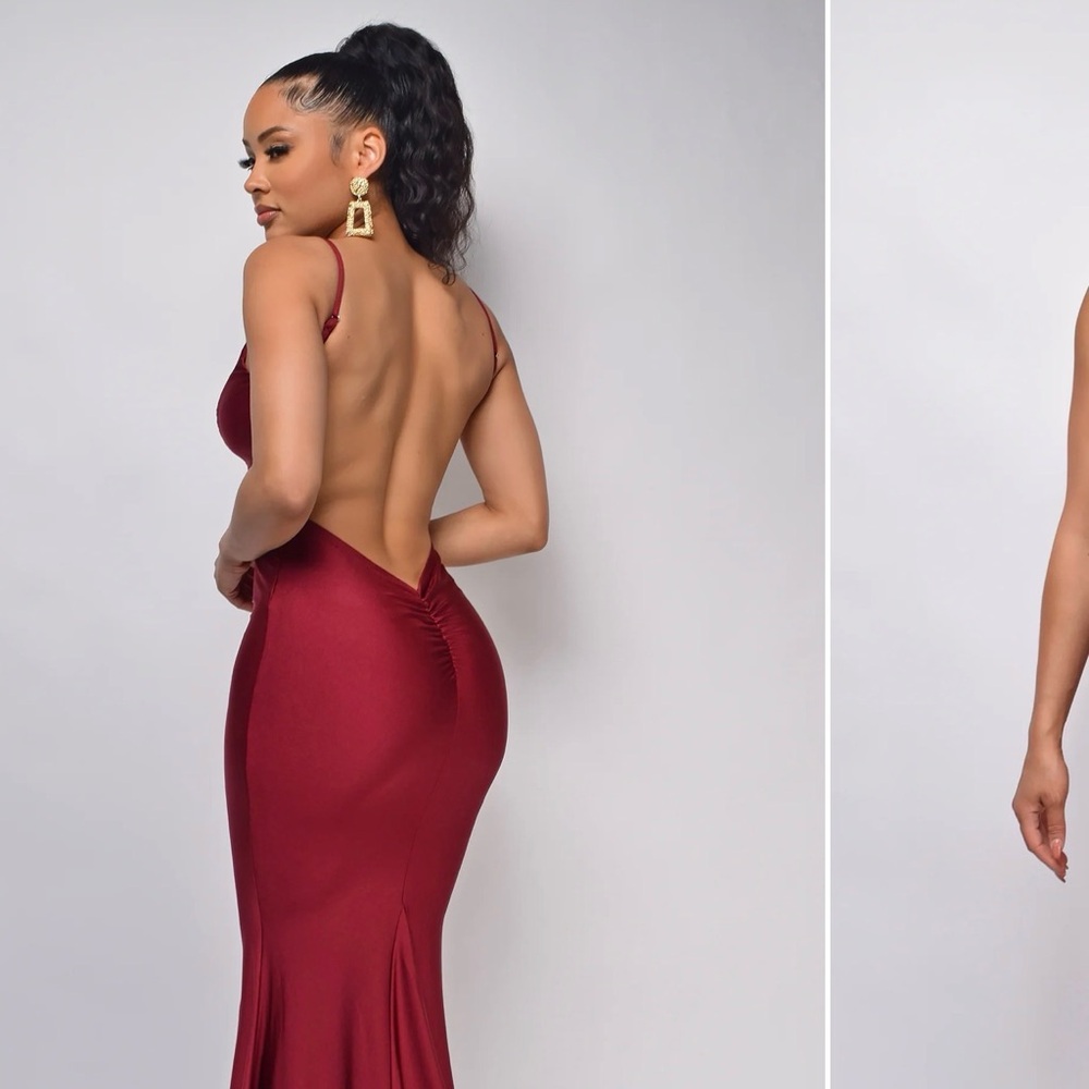 Women’s Backless Satin Maxi Dress in Burgundy